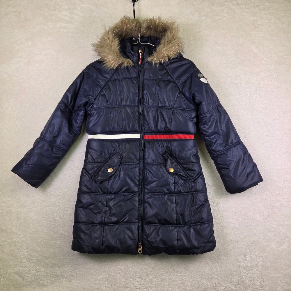Tommy Hilfiger Girls Navy Blue Hooded Faux Fur Puffer Parka Jacket Coat Size L